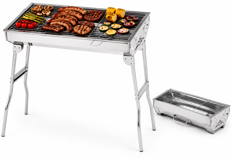 Stainless Steel Portable BBQ Grill. Large Folding Charcoal Barbecue with 72cm Cooking Surface and No Tool Assembly.
