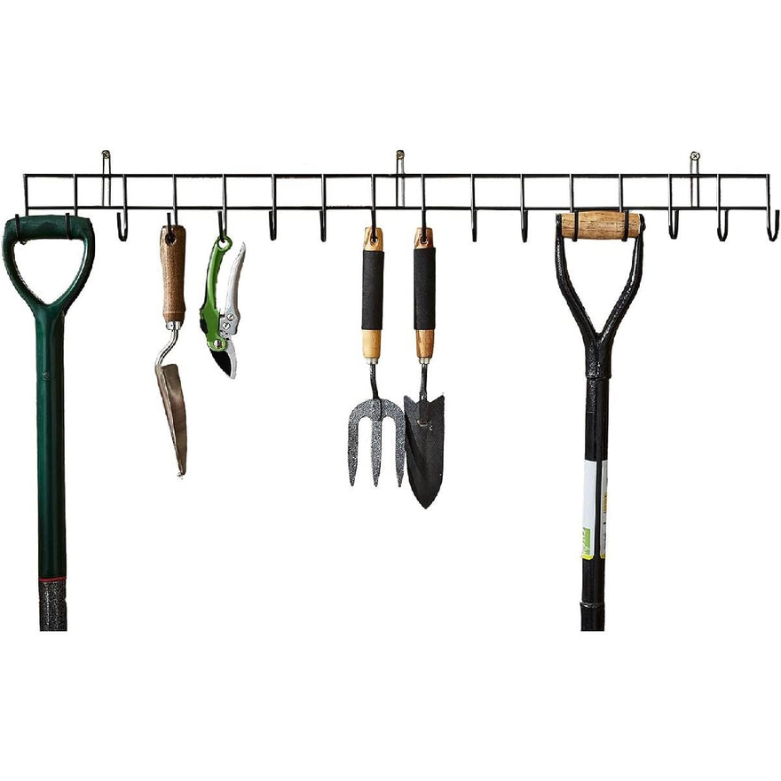Extra-Long Tool Rack with 16 Hooks – Black Powder Coated Wall Garden Organiser