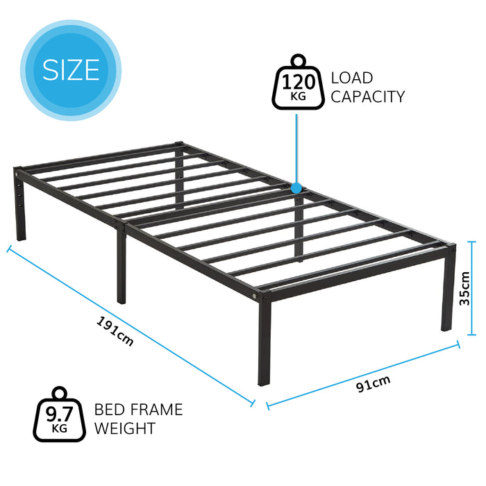 Single Metal Bed Frame Durable Black Powder Coating, 198 x 91 x 40 cm