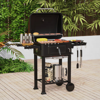 XL BBQ Smoker Grill Folding Tables, Thermometer, Adjustable Charcoal Pan With Chimney