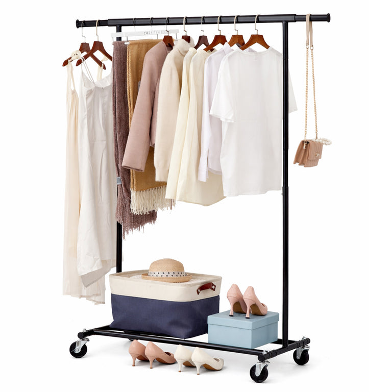 Heavy Duty Adjustable Clothes Rail with Shelf & Locking Wheels – Black, White, Gold, Chrome, Pink