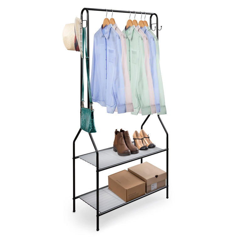 5ft Sturdy Steel White Clothes Rail With Two Shelves Hanging Storage Hooks