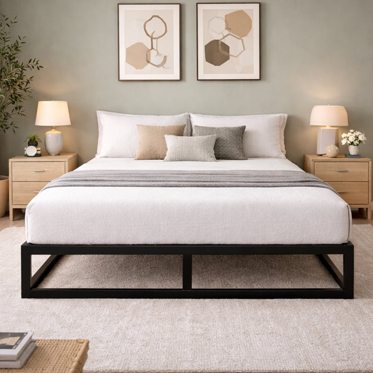 Metal Platform Bed Frame with Mattress Brackets — Single, Double & King Under-Bed Storage Black