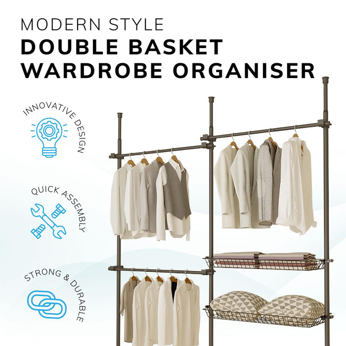 Double Telescopic Clothes Rail With Basket - Rail Wardrobe Replacement - Adjustable Shelving Rack - Clothes Storage & Organiser for Shirts, Coats, Jackets, Hat & Shoes