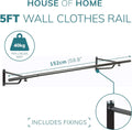 5ft Wall Mounted Clothes Rail – Steel Hanging Rack with Brackets & Fixings