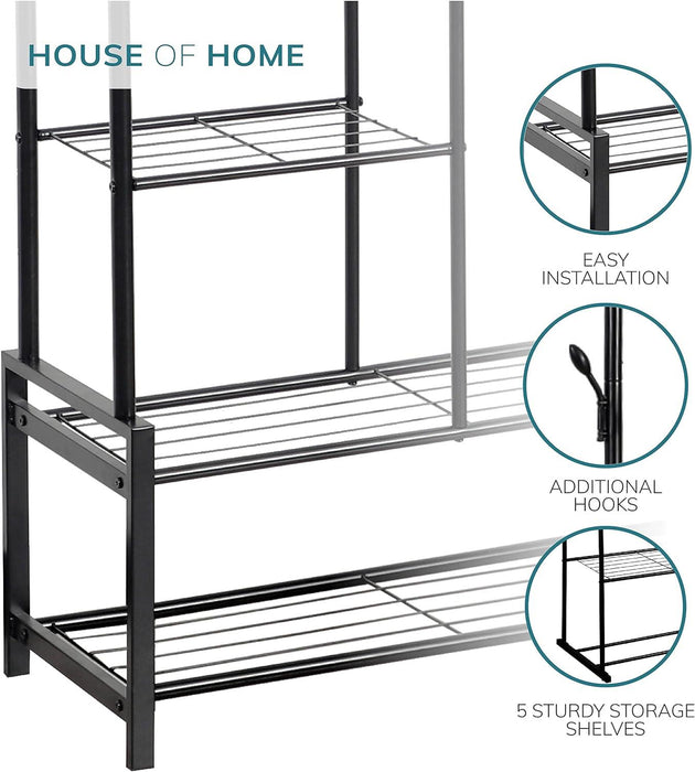 Freestanding Double Clothes Rail with 2 Shoe Racks and 3 Shelves