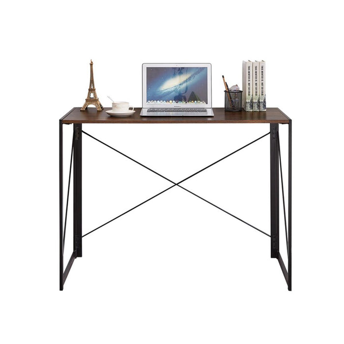 Folding Wood Rustic Brown Desk Table with Black Metal Frame - 100 x 50 x 75cm