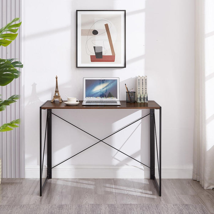 Folding Wood Rustic Brown Desk Table with Black Metal Frame - 100 x 50 x 75cm