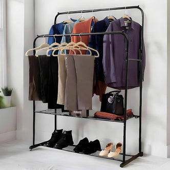 Black Double Clothes Rail with 2 Shelves – Heavy Duty Metal Frame with Adjustable Feet