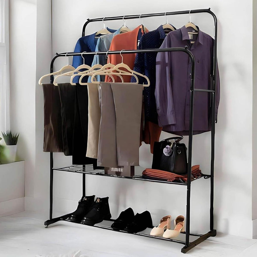 Black Double Clothes Rail with 2 Shelves – Heavy Duty Metal Frame with Adjustable Feet