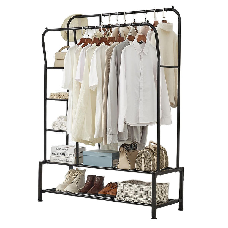 Super Heavy Duty Double Hanging Clothes Rail with Shelves & Shoe Storage – Black Metal, 6 Shelves