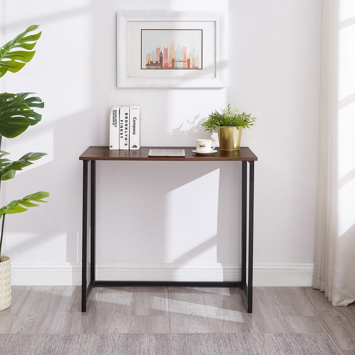 Folding Rustic Brown Wood Grain Desk Table In Black Powder Coating - 80 x 45 x 74cm