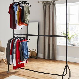 Two-Tier Heavy Duty Clothes Rail – Black Steel Garment Rack with Locking Wheels