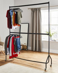 Two-Tier Heavy Duty Clothes Rail – Black Steel Garment Rack with Locking Wheels
