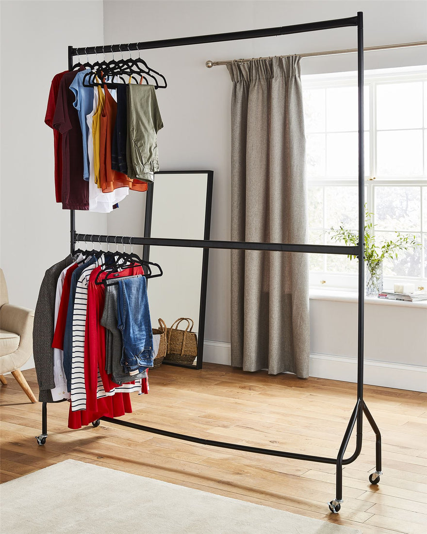 Two-Tier Heavy Duty Clothes Rail – Black Steel Garment Rack with Locking Wheels
