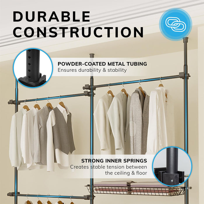 Double Telescopic Clothes Rail With Basket - Rail Wardrobe Replacement - Adjustable Shelving Rack - Clothes Storage & Organiser for Shirts, Coats, Jackets, Hat & Shoes