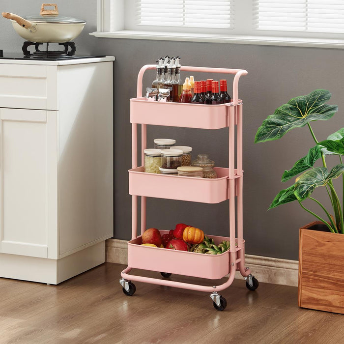 3 Tier Storage Cart On Wheels Home Kitchen Office Bath-Bedroom Organiser Pink