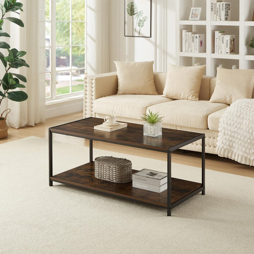 Rustic Brown 2-Tier Coffee Table 100cm – Living Room Table with Metal Frame & Shelf