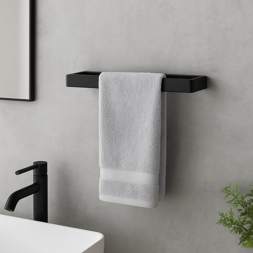 Black Wall Mounted Towel Holder – 30cm Rectangle Rail, Bathroom & Kitchen