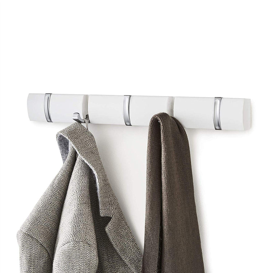 Wall Mounted Hook Board – 5 Close Hooks in Satin Chrome on White Wooden Board