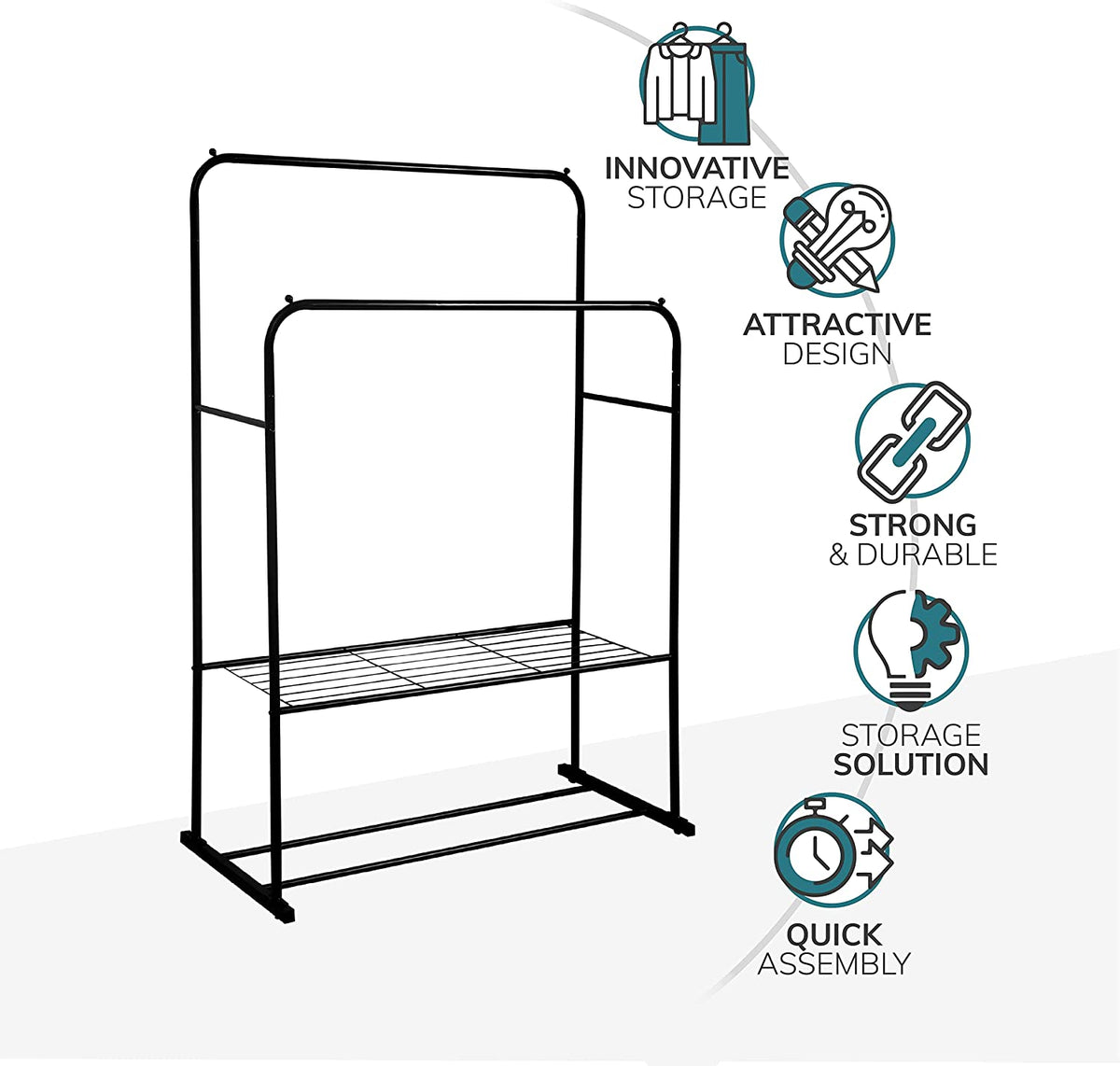 Black Double Clothes Rail with 2 Shelves – Heavy Duty Metal Frame with ...