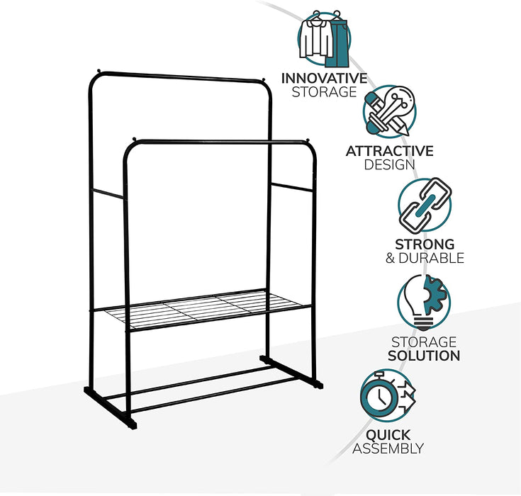 Black Double Clothes Rail with 2 Shelves – Heavy Duty Metal Frame with ...