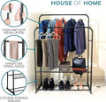 Heavy Duty Metal Clothes Rail with Garment Shoe Rack Storage Shelf & Adjustable Feet in Black -