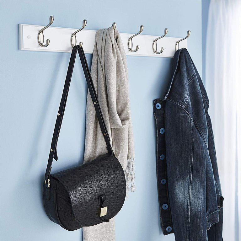 White Wooden Coat Rack – 6 Double Hooks, Wall or Door Mountable