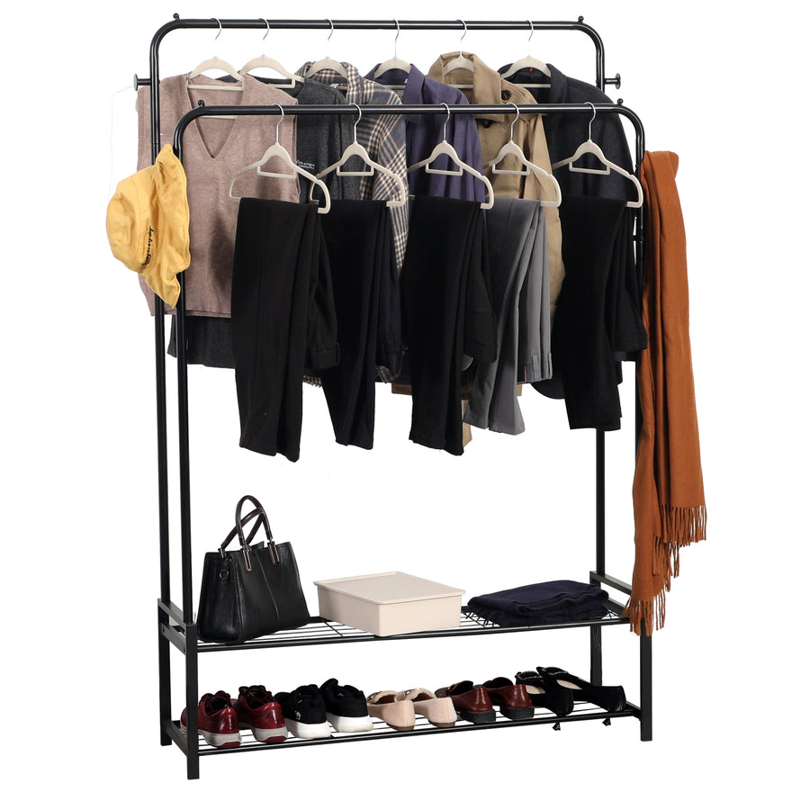 Freestanding Double Clothes Rail with 2 Shoe Racks & 4 Side Hooks – Black Steel