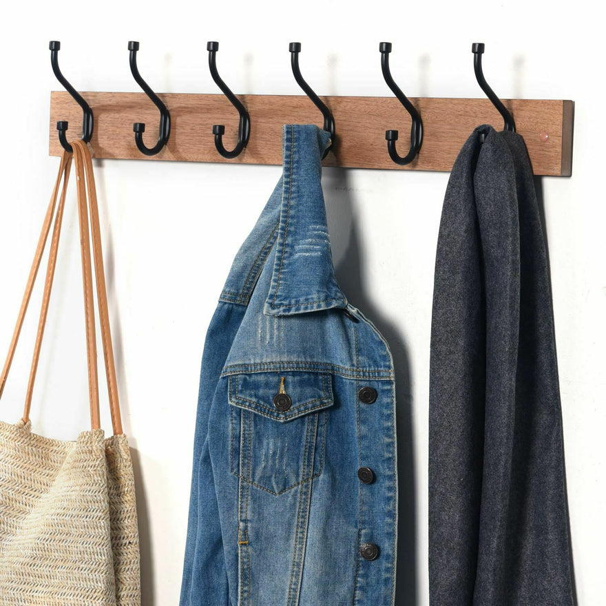 Oak Finish Heavy Duty 6 Double Coat Hooks Wall Or Door Mountable