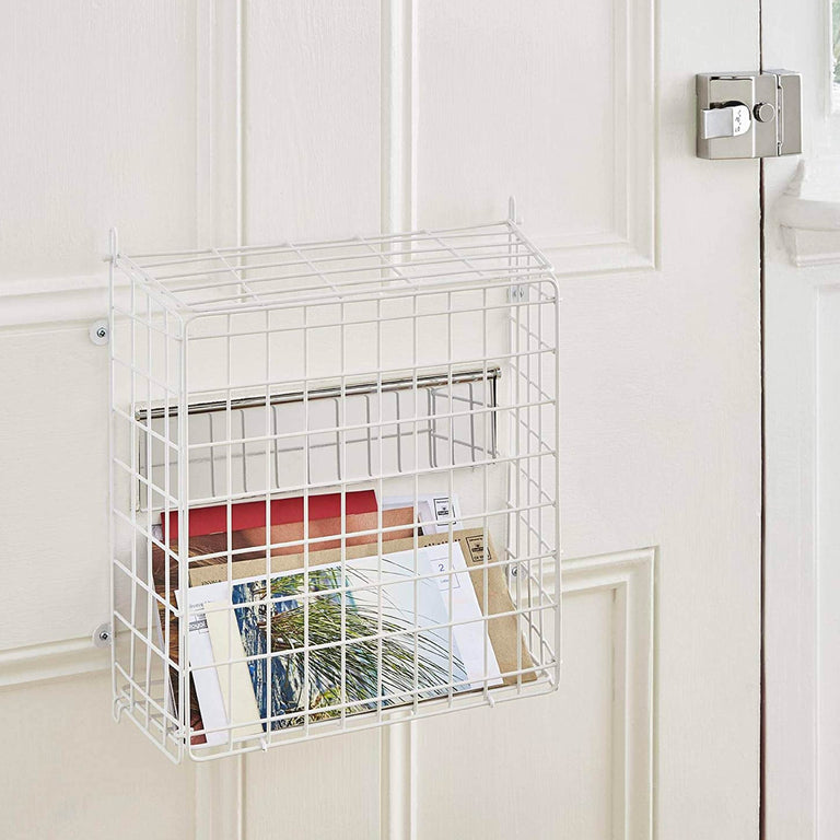 White Letter Box Catcher Basket with Lift Up Lid – Metal Mail Holder for Wood Doors